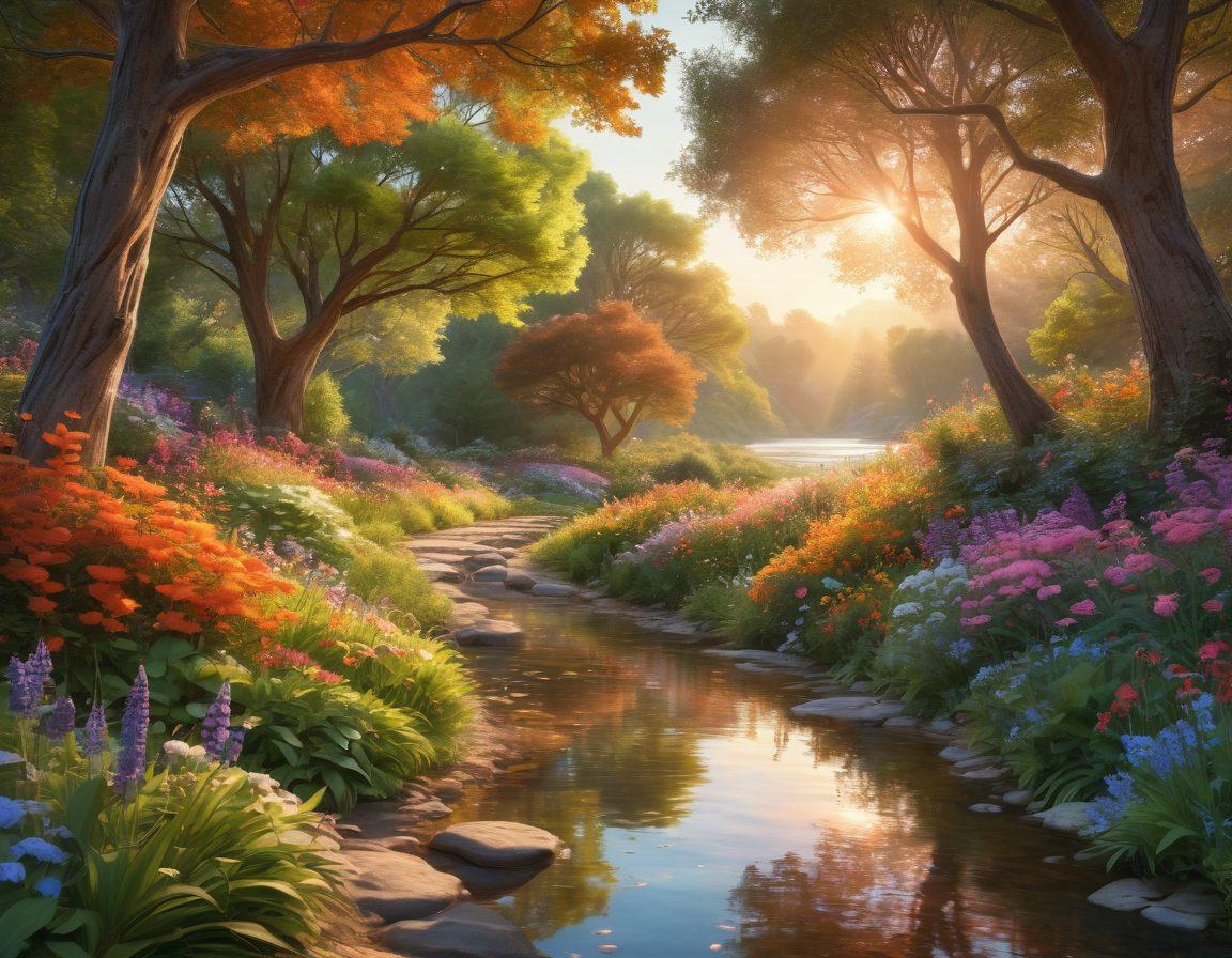 A vibrant, dream-like landscape depicting a couple joyfully exploring a lush, colorful garden filled with blooming flowers and soft pathways. Their expressions radiate excitement and intimacy as they hold hands, surrounded by gentle beams of sunlight filtering through the trees. Playful butterflies flutter around them, adding a whimsical touch to the scenery. The background features a winding river reflecting the warm hues of sunset. super-realistic. vibrant colors. 3D.