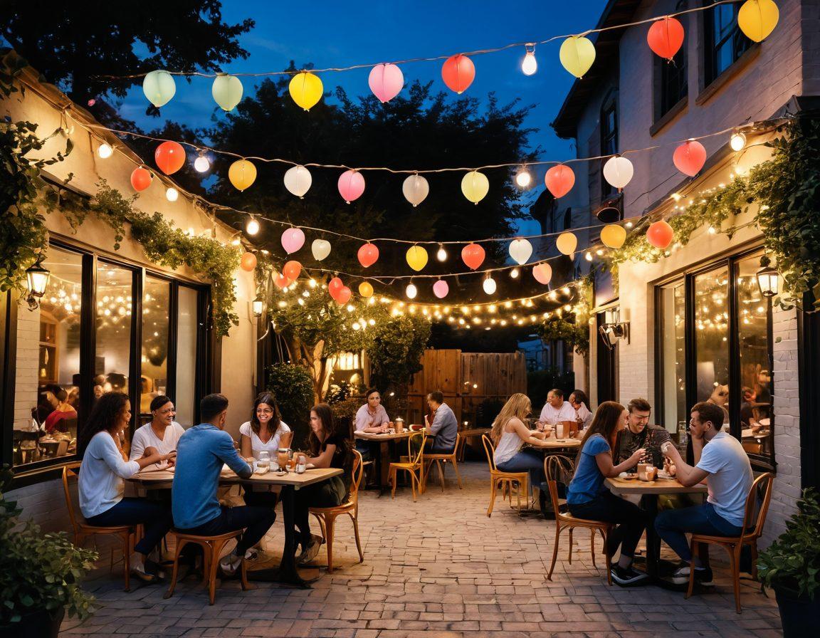 A whimsical scene depicting a vibrant outdoor café where diverse and joyful couples are engaging in playful activities, such as laughing over coffee, playing games, and sharing intimate moments. Envelop the setting in warm, inviting colors with soft fairy lights hanging above, showing a lively atmosphere. Include elements like heart-shaped balloons and colorful decorations to emphasize fun and connection. super-realistic. vibrant colors. soft focus.