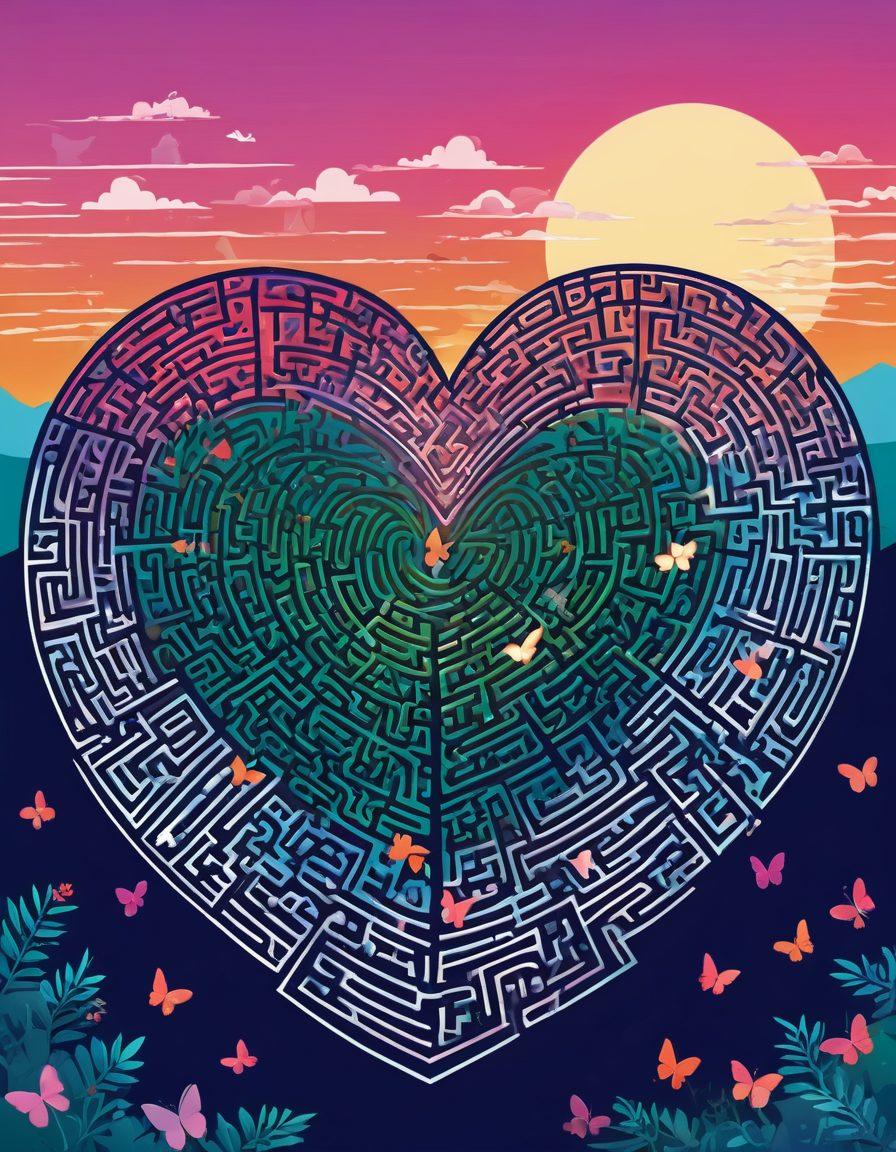 A whimsical illustration of a heart-shaped maze symbolizing the journey of unconventional dating, with diverse couples playfully navigating through it. Intriguing symbols of flirtation like butterflies and laughter scattered throughout, capturing the essence of sexual exploration. A vibrant sunset backdrop with soft pastel colors to evoke warmth and fun. vector art. vibrant colors.